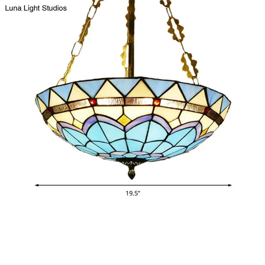 Blue Bowl Retro Style Stained Glass Semi Flush Ceiling Fixture For Coffee Shop