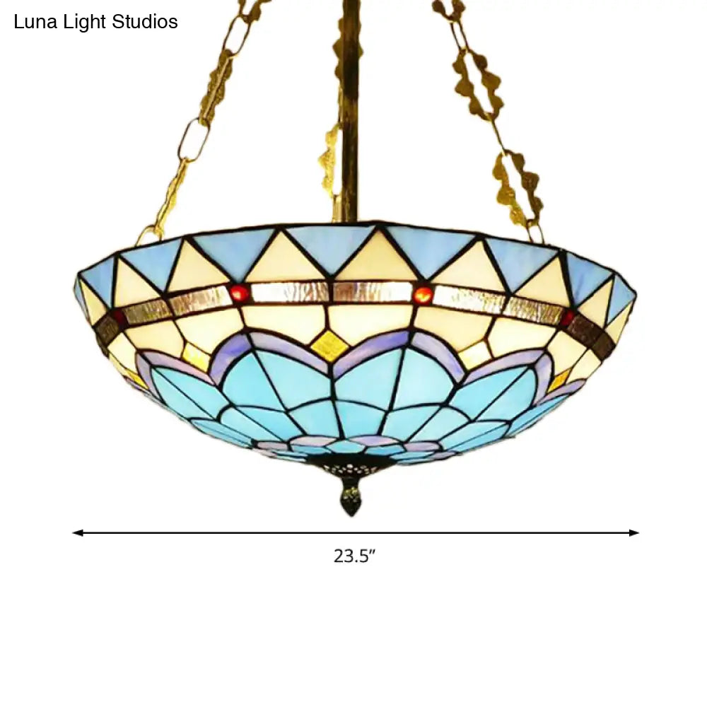 Blue Bowl Retro Style Stained Glass Semi Flush Ceiling Fixture For Coffee Shop