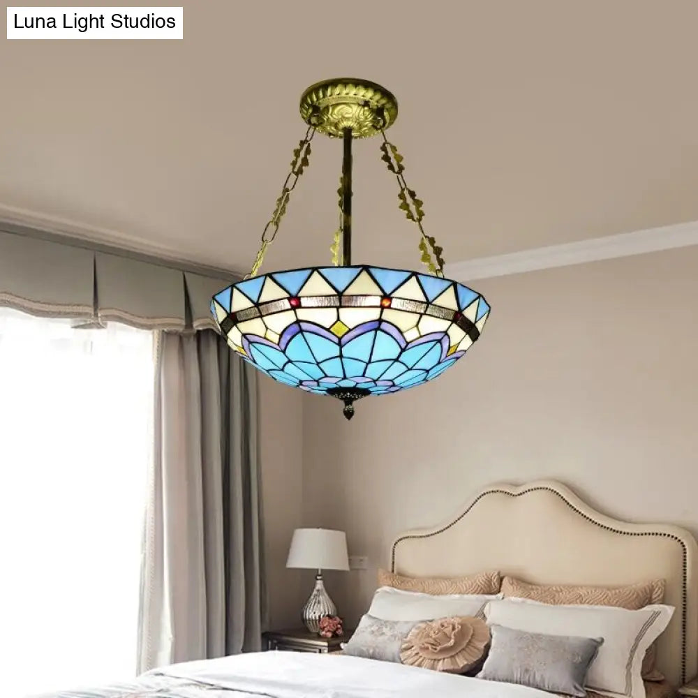 Blue Bowl Retro Style Stained Glass Semi Flush Ceiling Fixture For Coffee Shop / 19.5