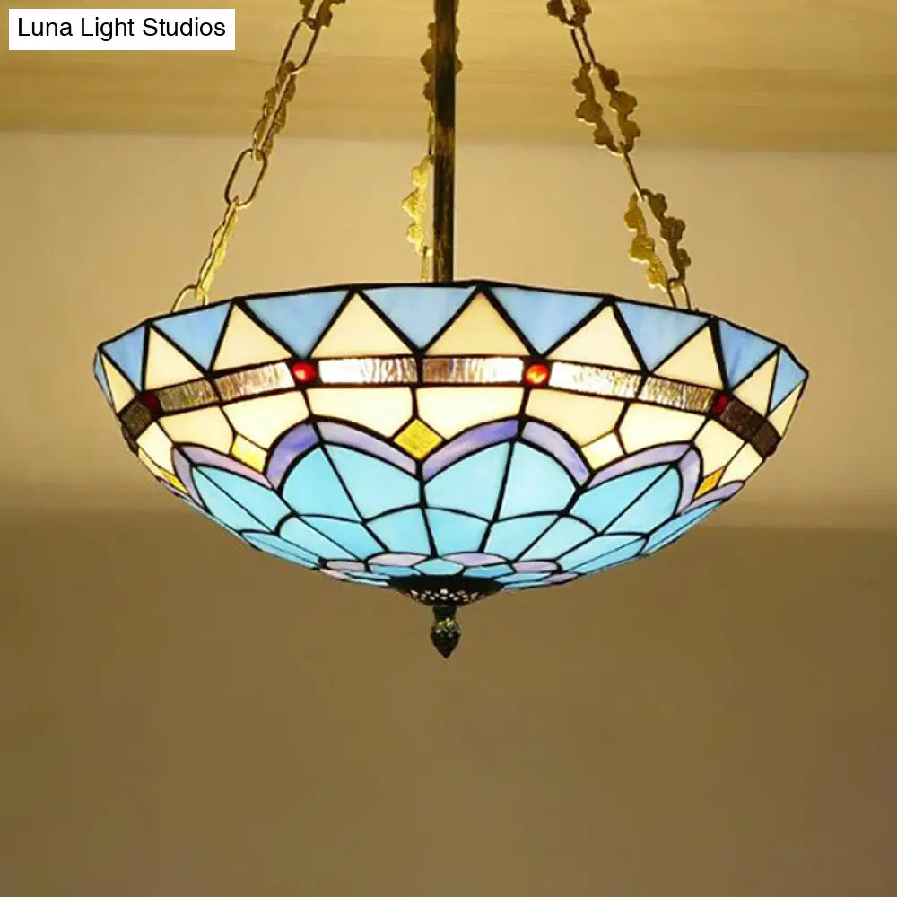 Blue Bowl Retro Style Stained Glass Semi Flush Ceiling Fixture For Coffee Shop