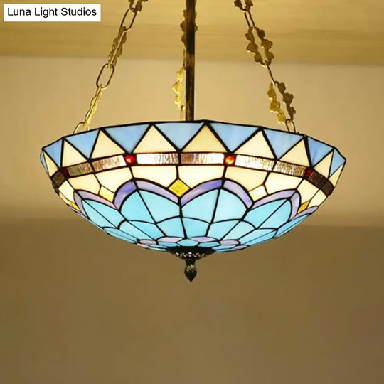 Blue Stained Glass Semi Flush Ceiling Fixture - Retro Style For Coffee Shop