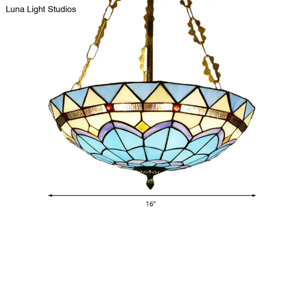 Blue Bowl Retro Style Stained Glass Semi Flush Ceiling Fixture For Coffee Shop