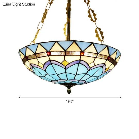 Blue Stained Glass Semi Flush Ceiling Fixture - Retro Style For Coffee Shop