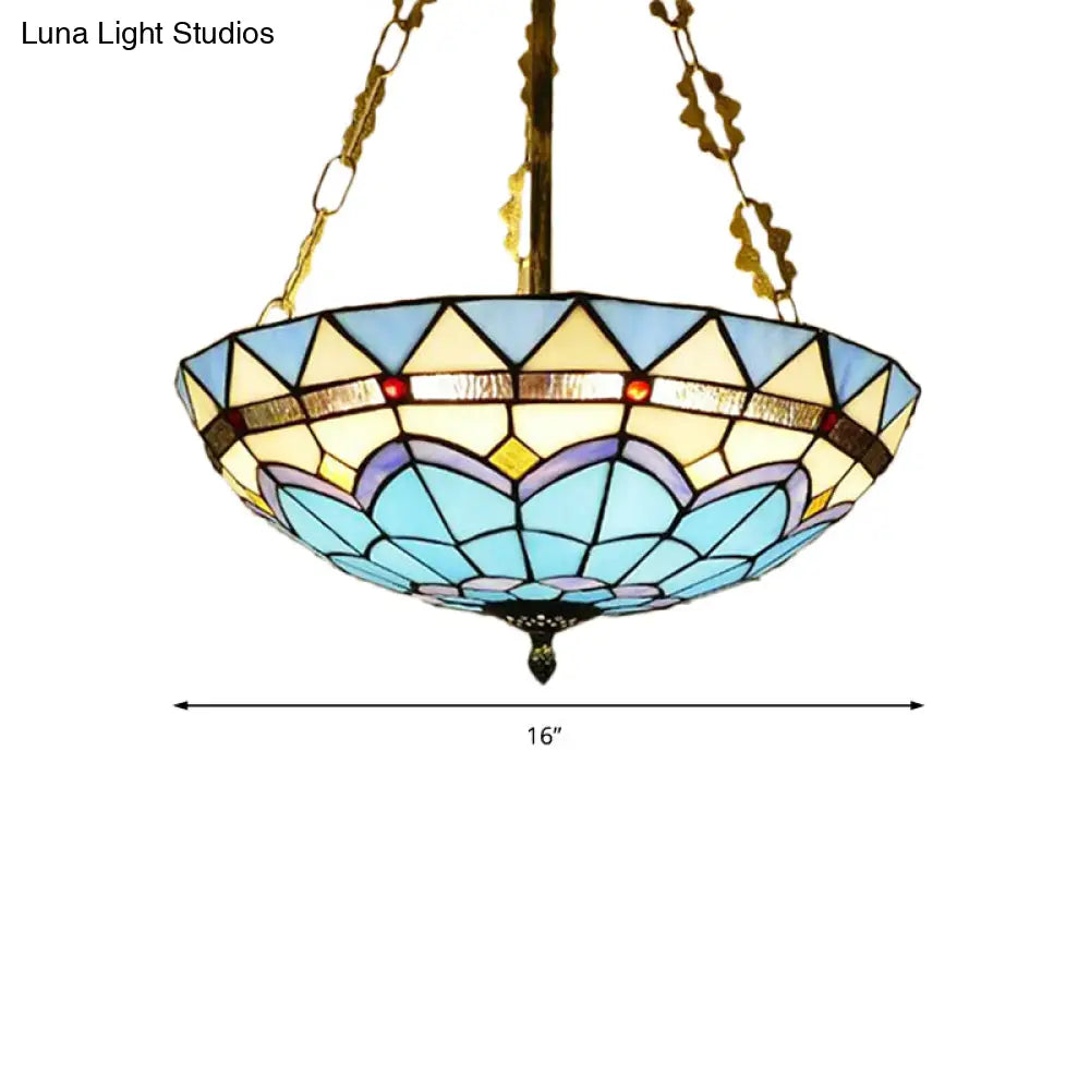 Blue Stained Glass Semi Flush Ceiling Fixture - Retro Style For Coffee Shop