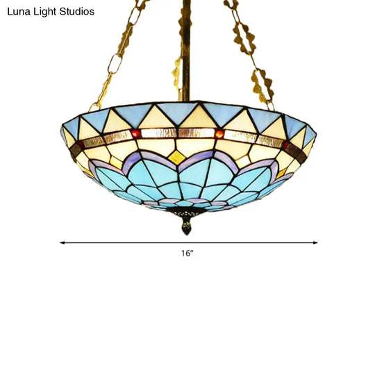 Blue Stained Glass Semi Flush Ceiling Fixture - Retro Style For Coffee Shop