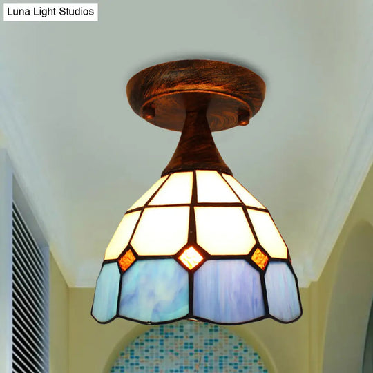 Stylish Mediterranean Ceiling Light: Mini Semi Flush Blue Stained Glass With 1 Light For Corridor