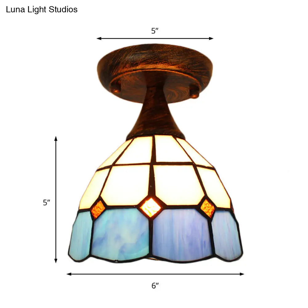 Stylish Mediterranean Ceiling Light: Mini Semi Flush Blue Stained Glass With 1 Light For Corridor