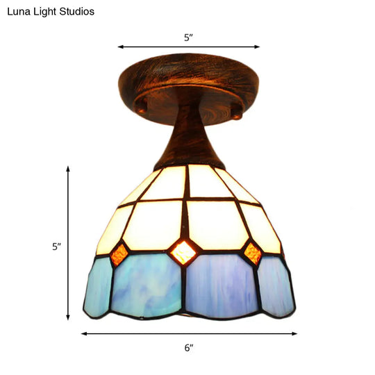 Stylish Mediterranean Ceiling Light: Mini Semi Flush Blue Stained Glass With 1 Light For Corridor