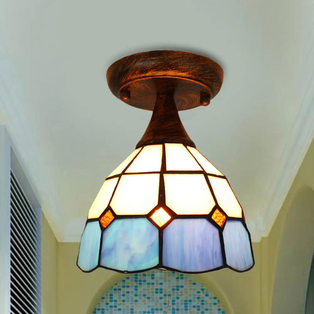 Blue Stained Glass Semi Flush Light: Mini Mediterranean Ceiling Fixture For Corridor