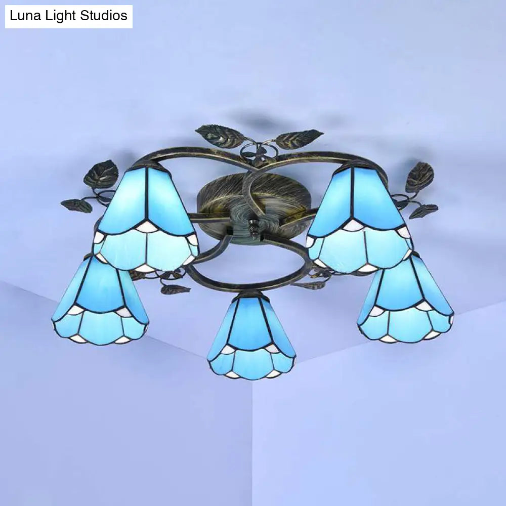 Rustic Conical Semi Flush Mount Stained Glass Ceiling Light With Blue 9/5 Lights For Stairway 5 /