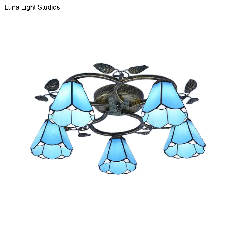 Rustic Conical Semi Flush Mount Stained Glass Ceiling Light With Blue 9/5 Lights For Stairway