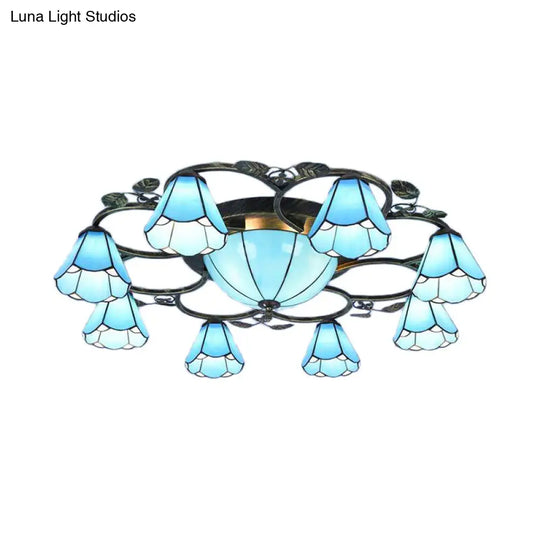 Rustic Conical Semi Flush Mount Stained Glass Ceiling Light With Blue 9/5 Lights For Stairway