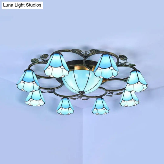 Rustic Conical Semi Flush Mount Stained Glass Ceiling Light With Blue 9/5 Lights For Stairway 9 /