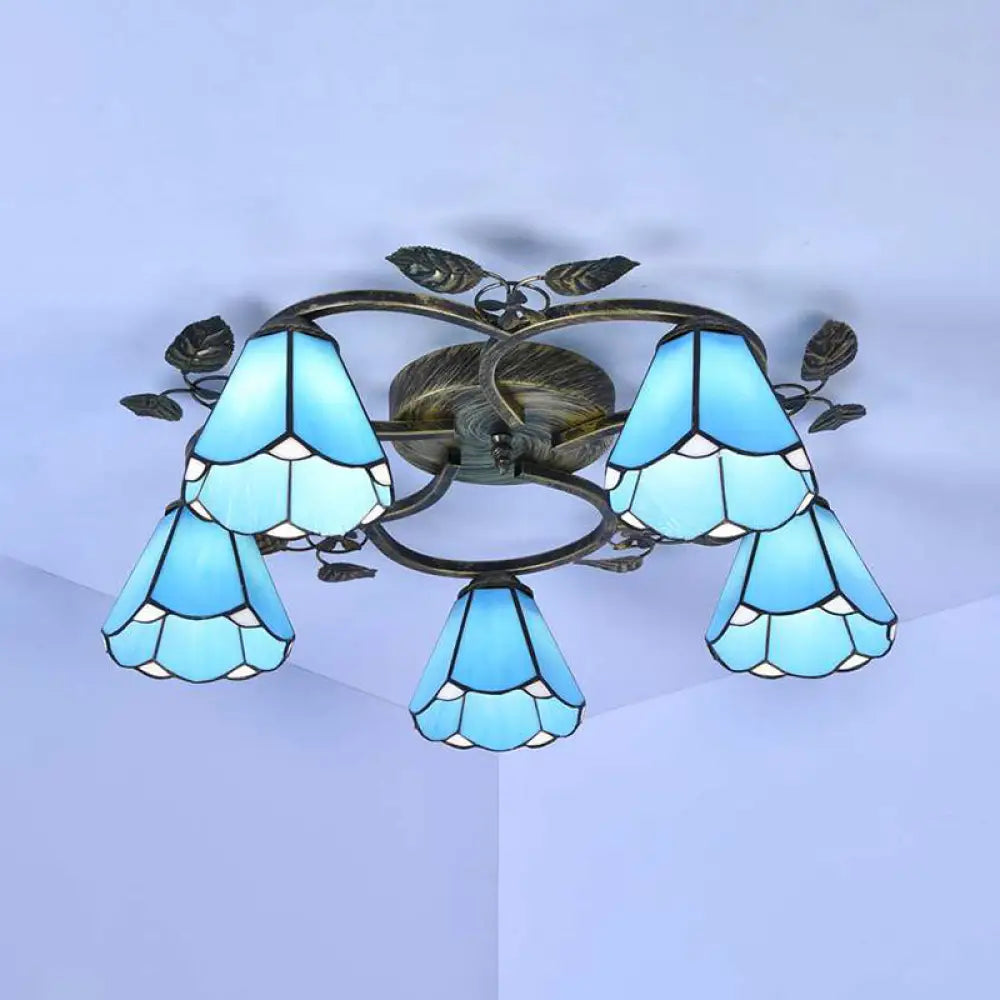 Blue Stained Glass Semi Flush Light With 9/5 Lights For Stairway - Rustic Conical Design 5 /