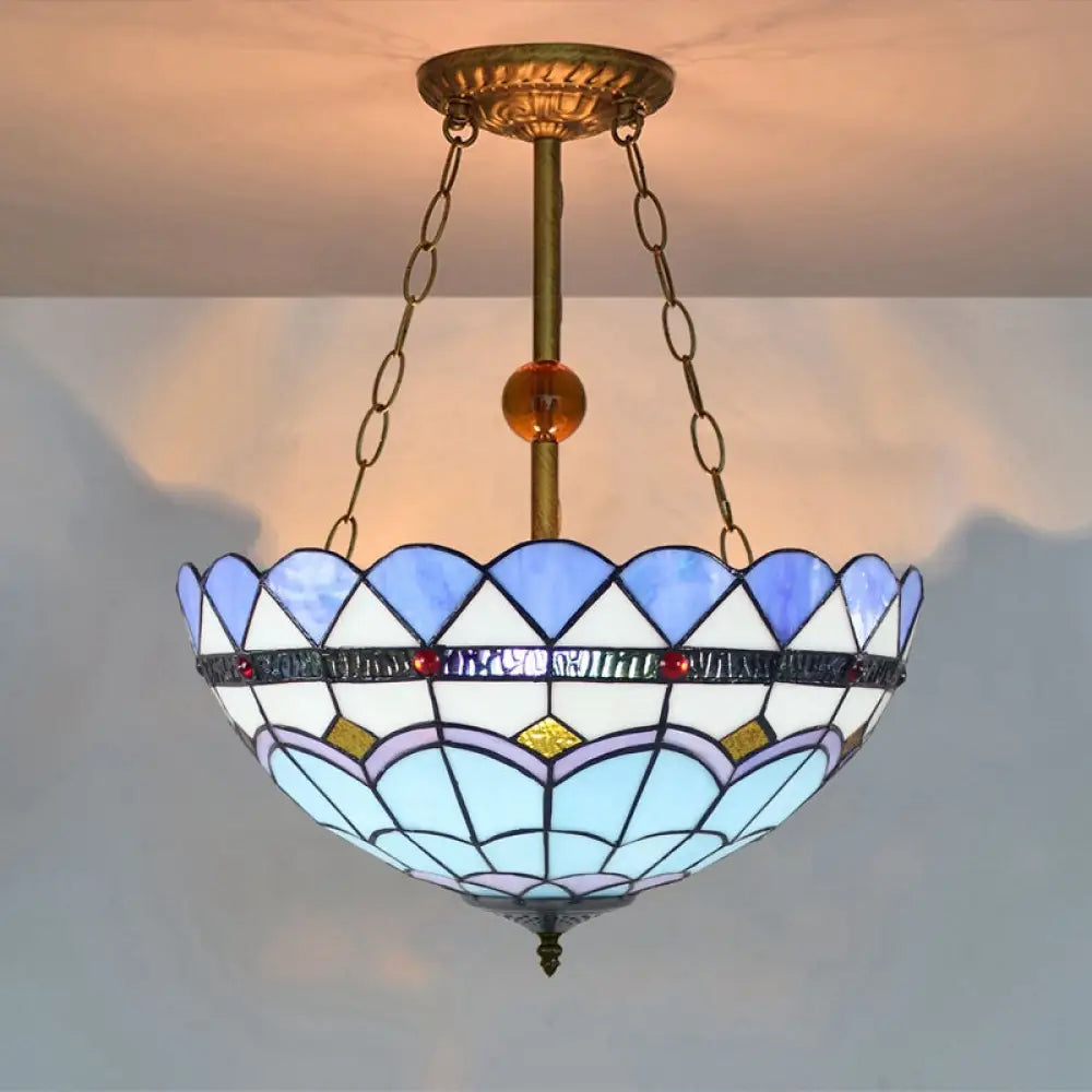 Blue Stained Glass Semi Flush Mount With Inverted Bowl Shade - Mediterranean Style
