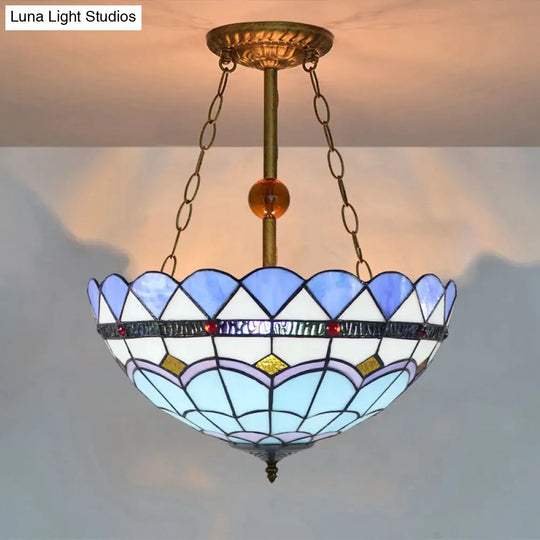 Mediterranean Semi Flush Mount Light In Blue With Stained Glass Bowl Shade