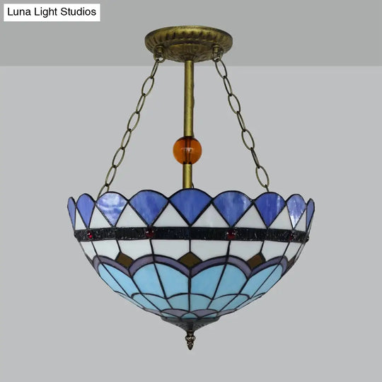 Blue Stained Glass Semi Flush Mount With Inverted Bowl Shade - Mediterranean Style