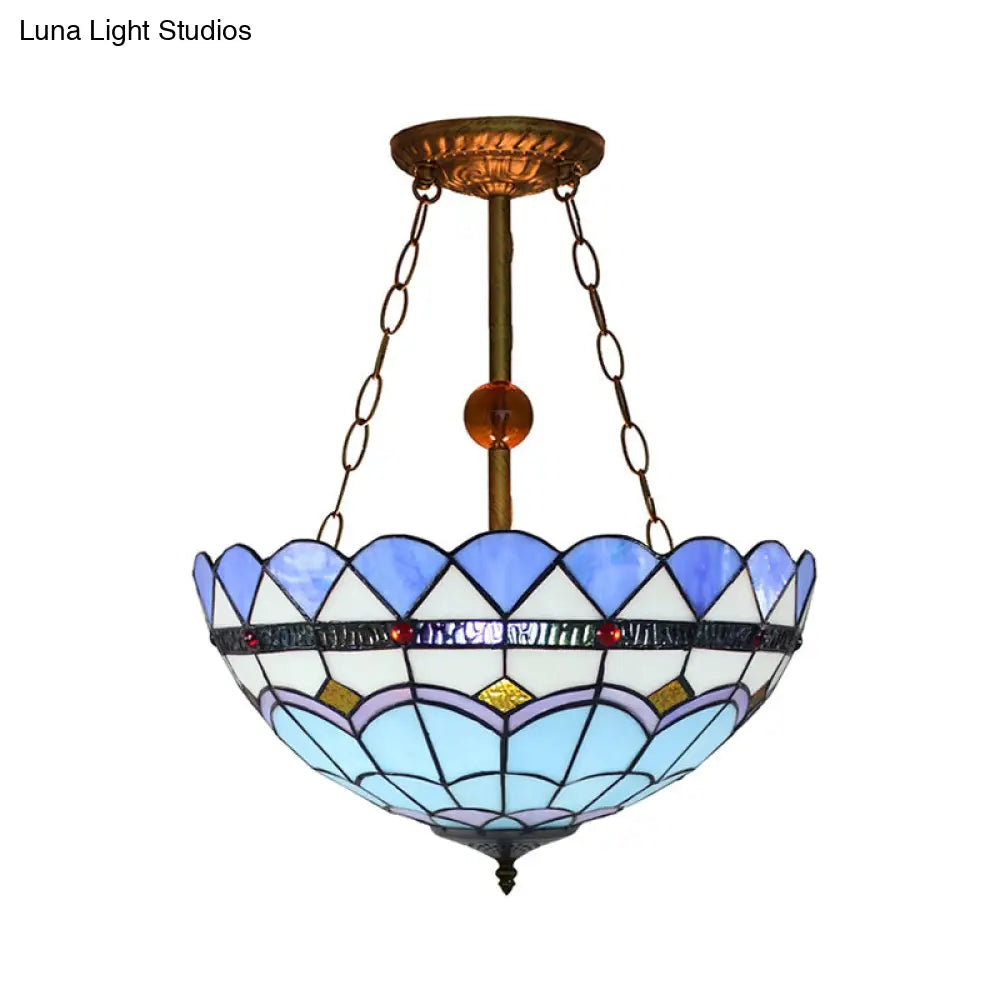 Blue Stained Glass Semi Flush Mount With Inverted Bowl Shade - Mediterranean Style