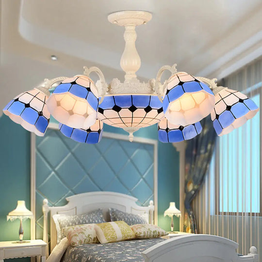 Blue Stained Glass Semi Globe Ceiling Chandelier: Multi Light Indoor Lighting Fixture For Bedrooms