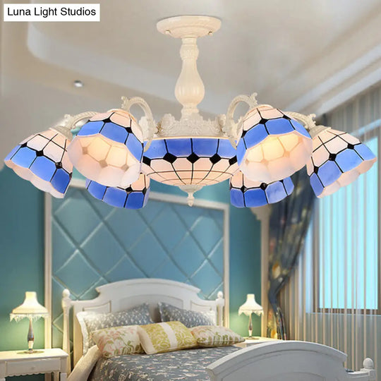 Blue Stained Glass Semi Globe Ceiling Chandelier: Multi Light Indoor Lighting Fixture For Bedrooms