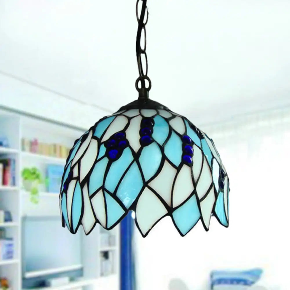 Blue Stained Glass Suspension Lamp - Baroque Style With Domed Shape