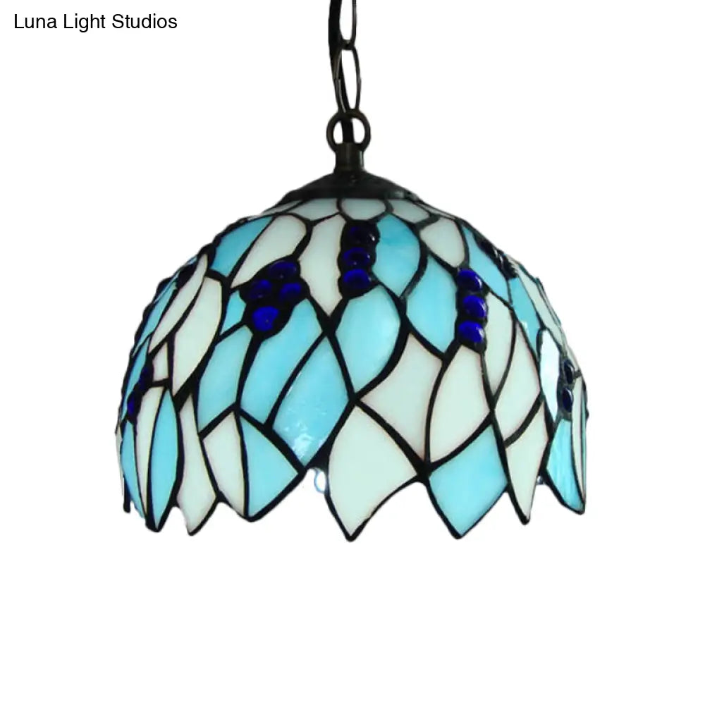 Blue Stained Glass Suspension Lamp - Baroque Style With Domed Shape