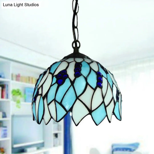 Blue Baroque Stained Glass Dome Hanging Ceiling Light - 1 Suspension Lamp