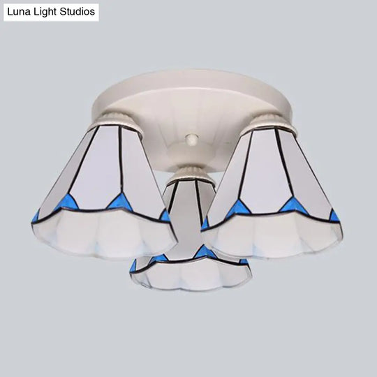 Blue Stained Glass Tiffany Ceiling Lamp For Living Room - Leaf/Stripes Flush Mount With 3/6 Lights