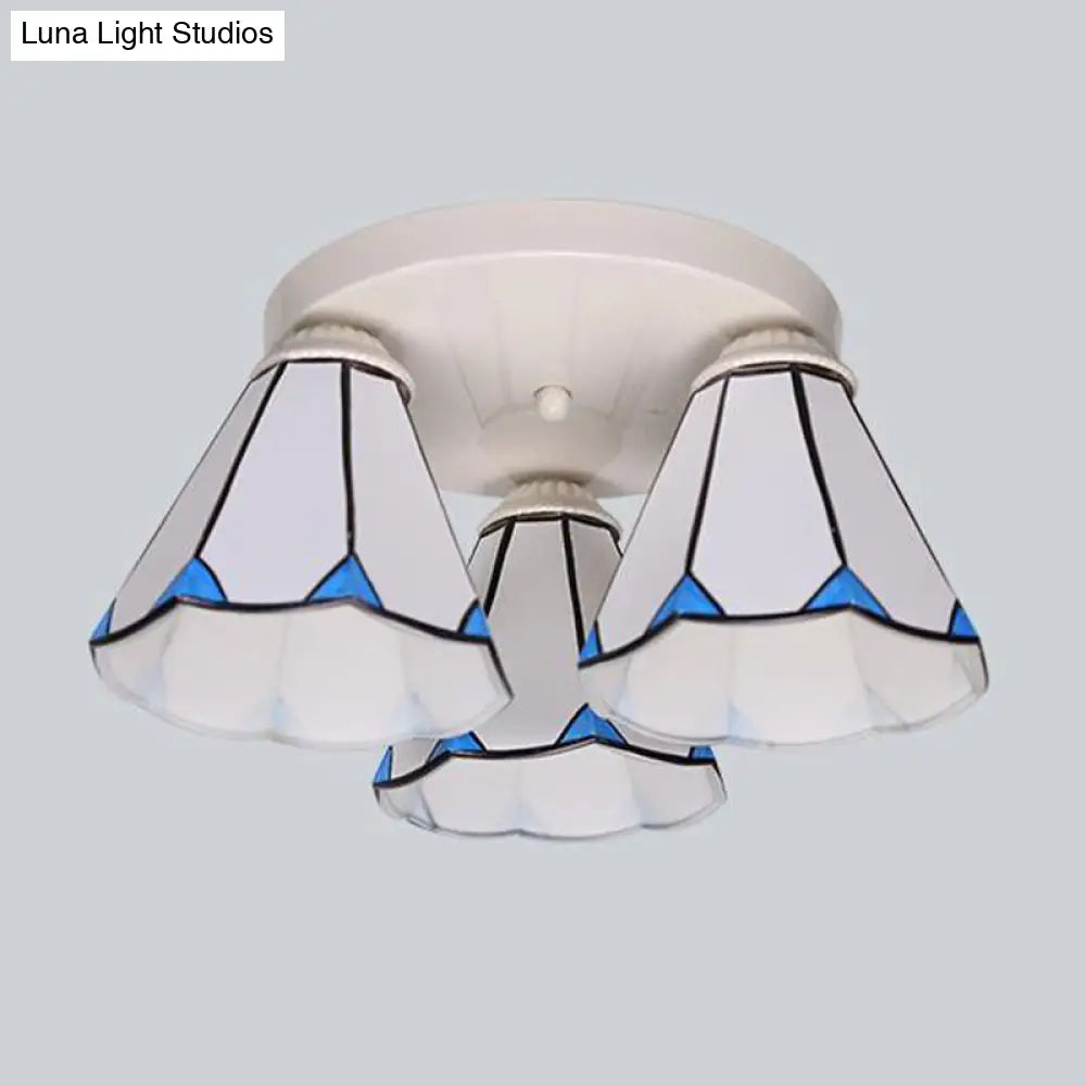 Blue Stained Glass Tiffany Ceiling Lamp For Living Room - Leaf/Stripes Flush Mount With 3/6 Lights