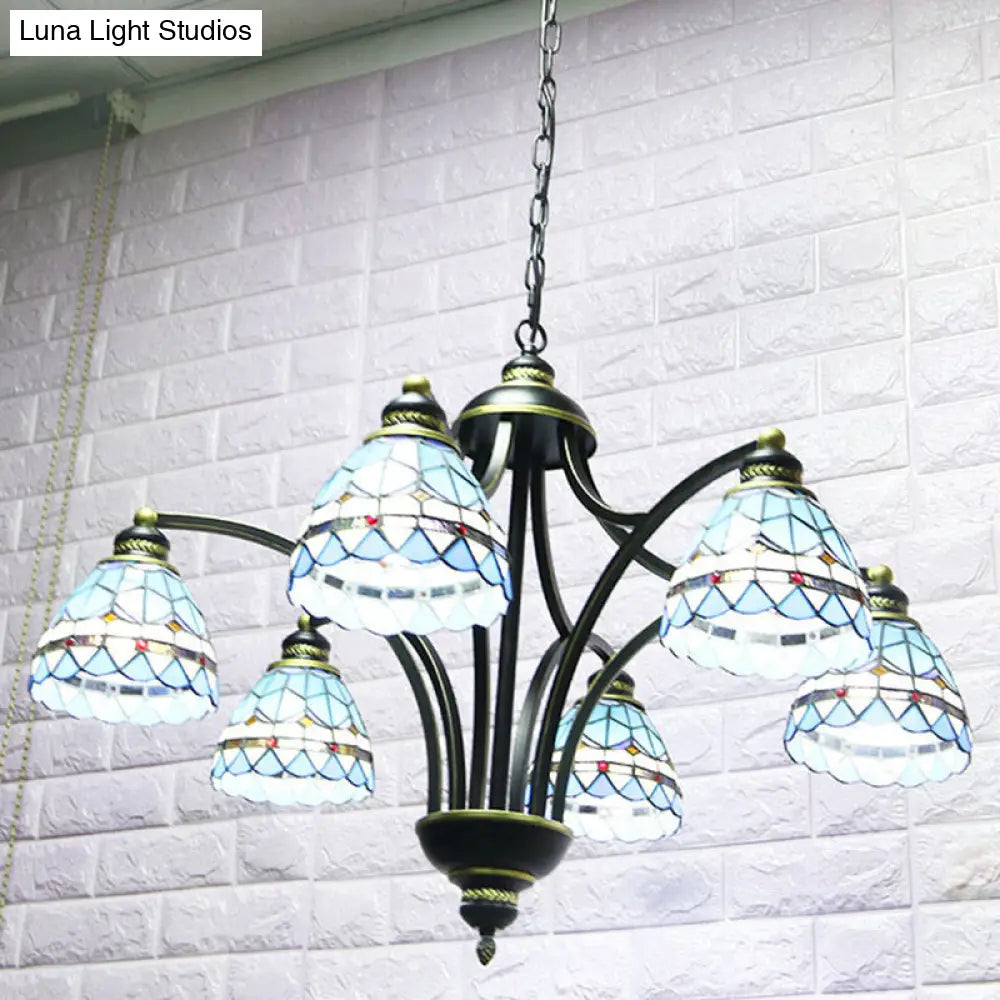 Blue Stained Glass Tiffany Chandelier - 6-Light Adjustable Chain 23.5 Wide Hanging Light For Living