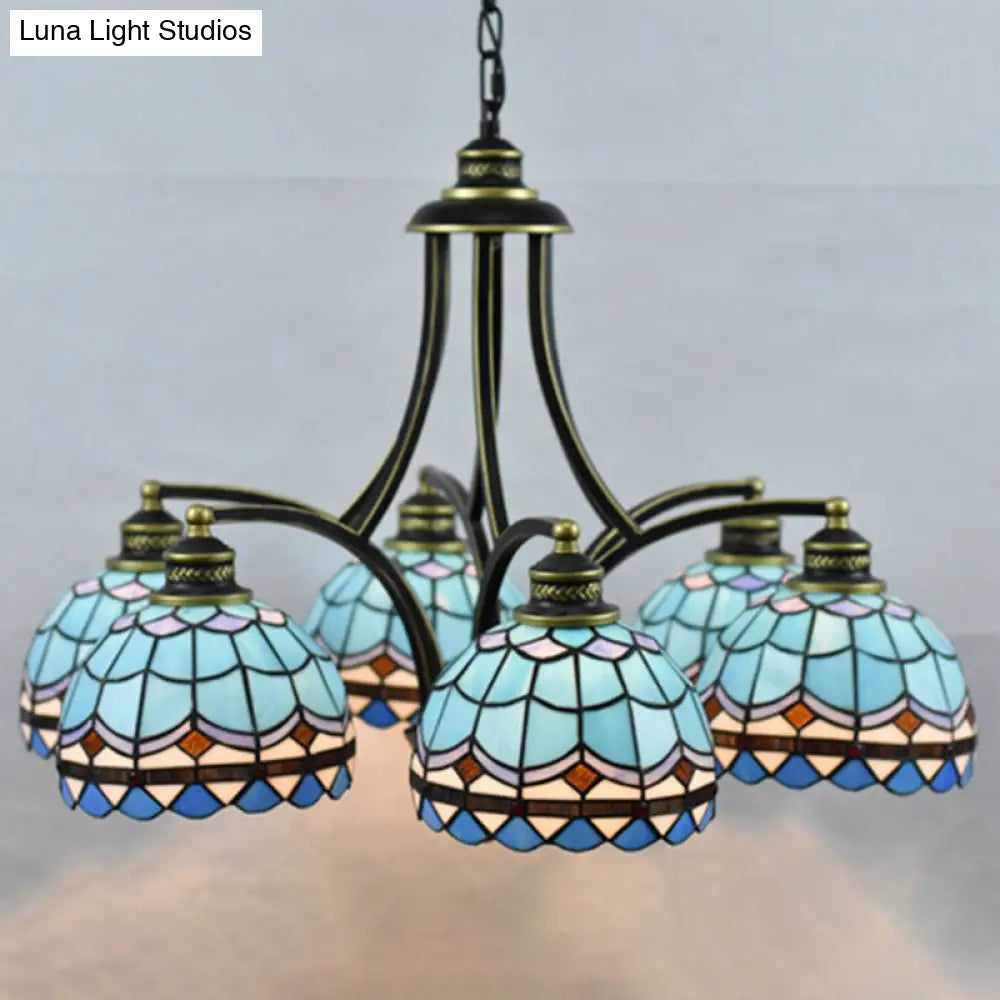 Blue Stained Glass Tiffany Chandelier - 6-Light 23.5’ Wide Living Room Hanging Light With