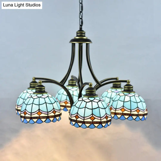 Blue Stained Glass Tiffany Chandelier - 6-Light Adjustable Chain 23.5 Wide Hanging Light For Living