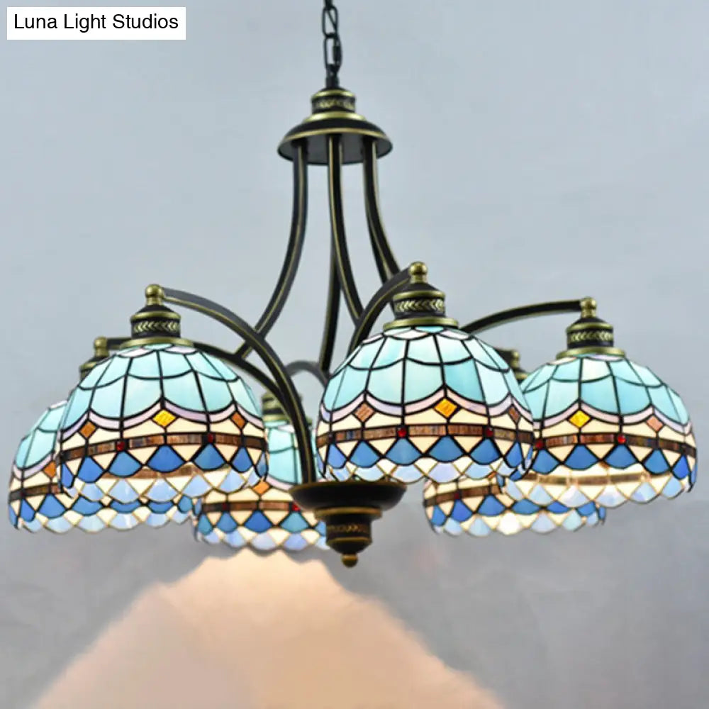 Blue Stained Glass Tiffany Chandelier - 6-Light Adjustable Chain 23.5 Wide Hanging Light For Living