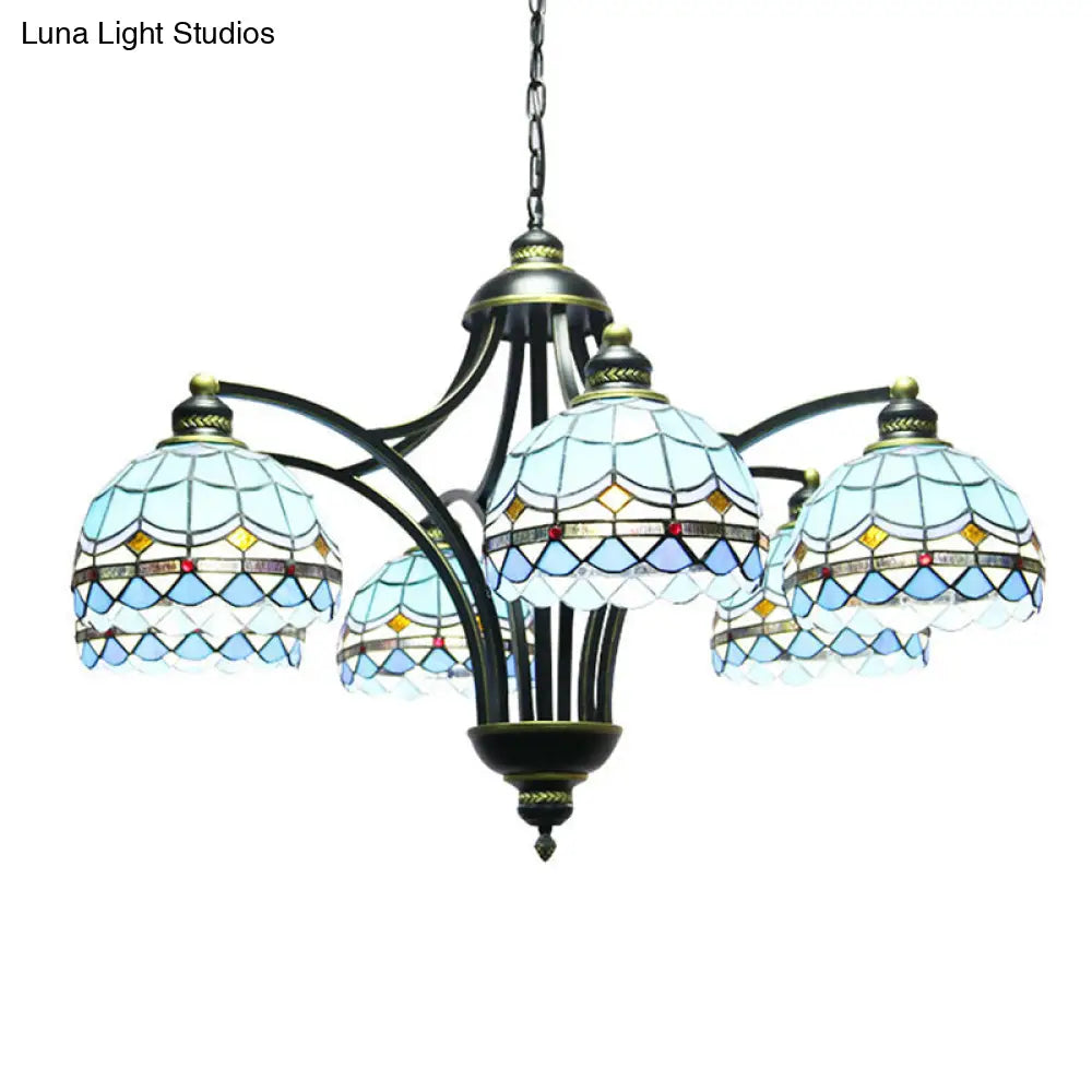 Blue Stained Glass Tiffany Chandelier - 6-Light 23.5’ Wide Living Room Hanging Light With