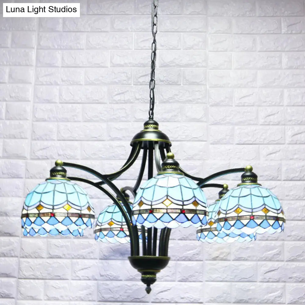 Blue Stained Glass Tiffany Chandelier - 6-Light Adjustable Chain 23.5 Wide Hanging Light For Living