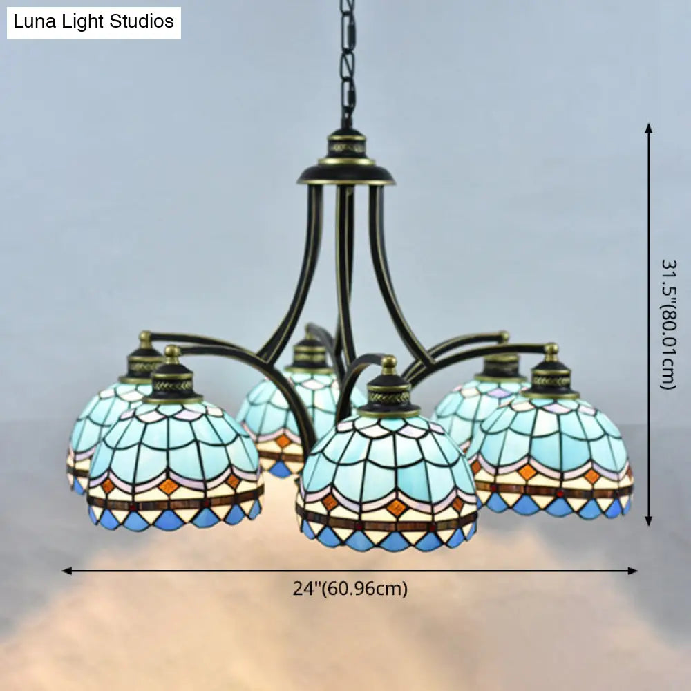 Blue Stained Glass Tiffany Chandelier - 6-Light Adjustable Chain 23.5 Wide Hanging Light For Living