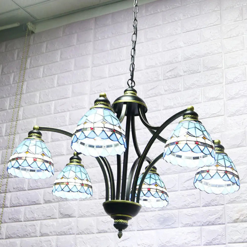 Blue Stained Glass Tiffany Chandelier - 6-Light 23.5’ Wide Living Room Hanging Light With