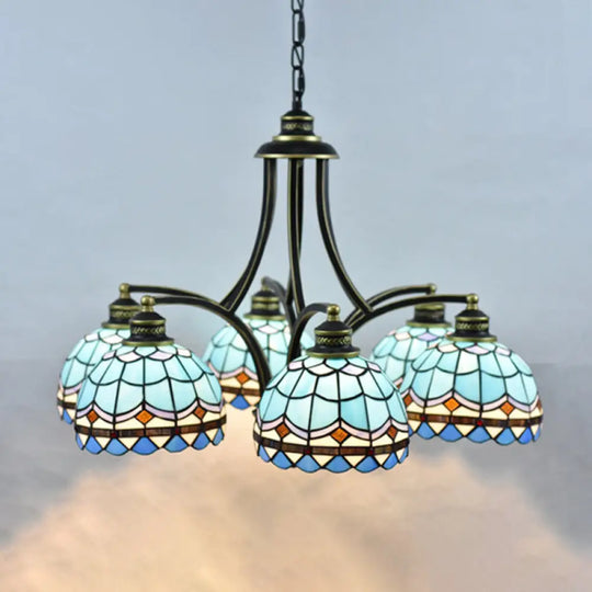 Blue Stained Glass Tiffany Chandelier - 6-Light 23.5’ Wide Living Room Hanging Light With