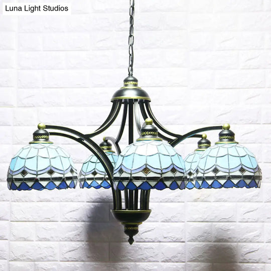 Blue Stained Glass Tiffany Chandelier - 6-Light Adjustable Chain 23.5 Wide Hanging Light For Living