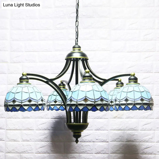 Blue Stained Glass Tiffany Chandelier - 6-Light 23.5’ Wide Living Room Hanging Light With