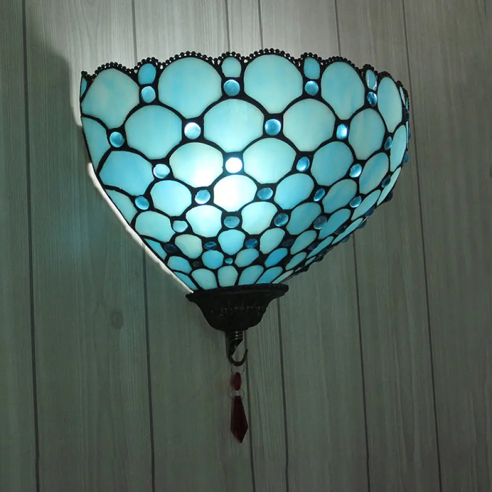 Blue Stained Glass Tiffany Style Fish Scale Bowl Wall Mount Light