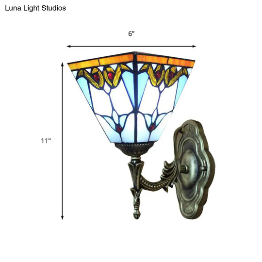 Blue Stained Glass Tiffany Victorian Sconce Lamp: Pyramid Study Room Wall Light