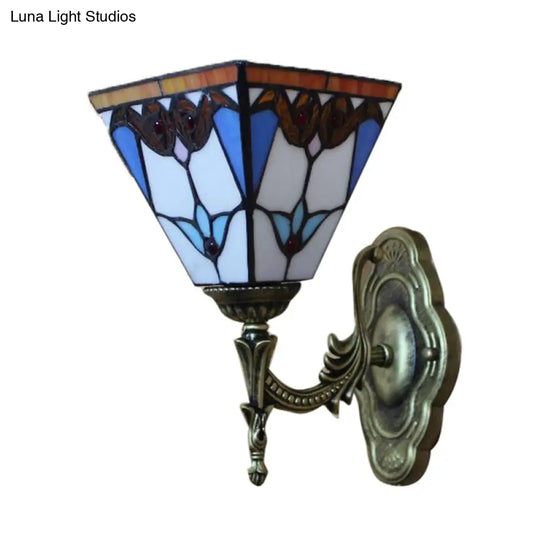 Blue Stained Glass Tiffany Victorian Sconce Lamp: Pyramid Study Room Wall Light