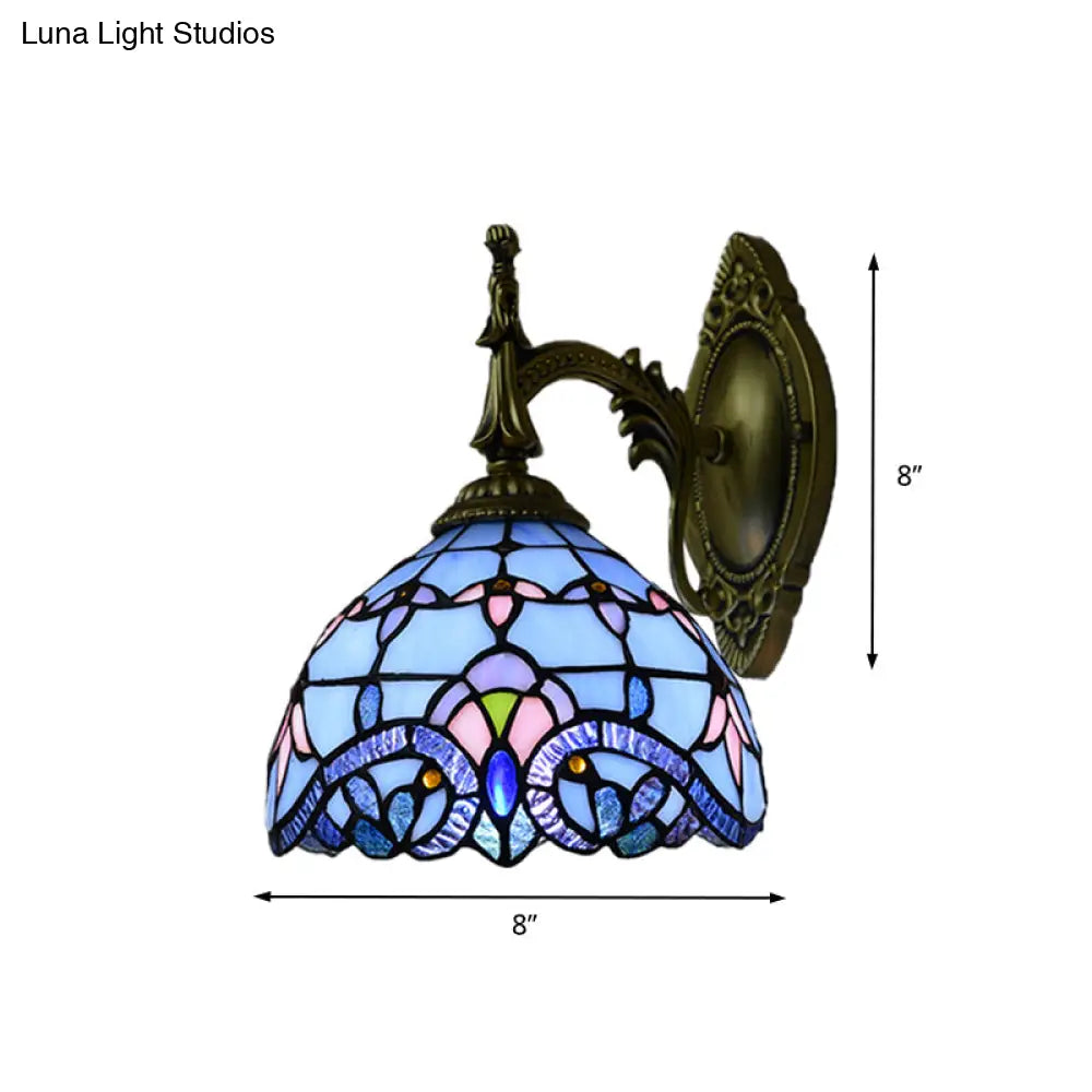 Blue Stained Glass Victorian Wall Sconce With Bowl Shade: Elegant Living Room Lighting