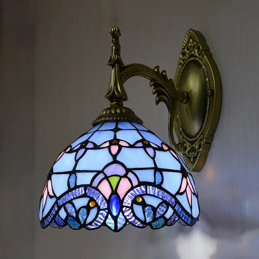 Blue Stained Glass Victorian Wall Sconce With Bowl Shade: Elegant Living Room Lighting