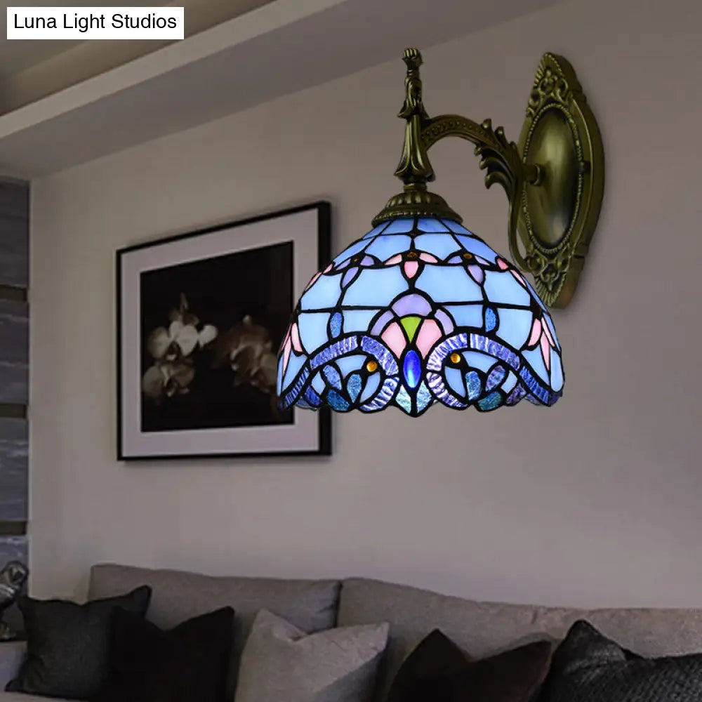 Blue Stained Glass Victorian Wall Sconce With Bowl Shade: Elegant Living Room Lighting