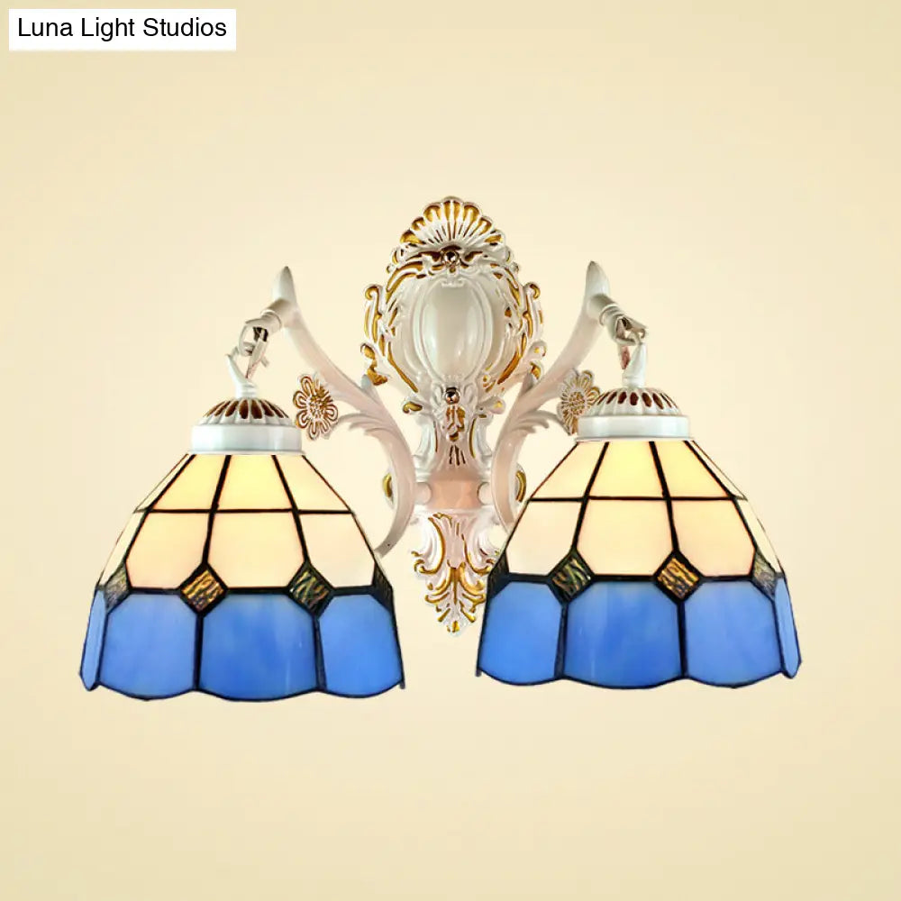 Blue Stained Glass Wall Light With Dome Shade For Corridor - Lodge-Inspired Lighting