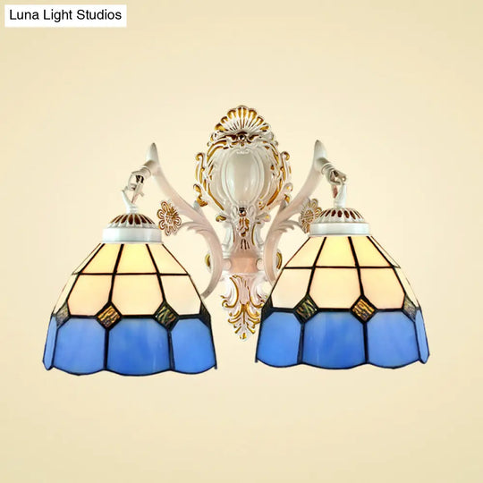 Blue Stained Glass Wall Light With Dome Shade For Corridor - Lodge-Inspired Lighting