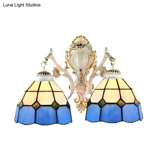 Blue Stained Glass Wall Light With Dome Shade For Corridor - Lodge-Inspired Lighting