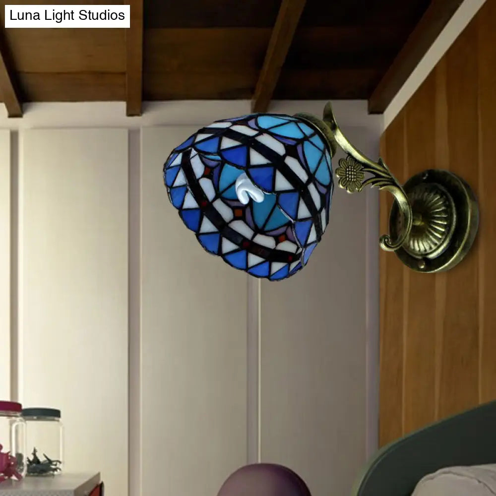 Blue Stained Glass Wall Mount Light - Baroque Style 1 Bowl Ideal For Corridor Lighting